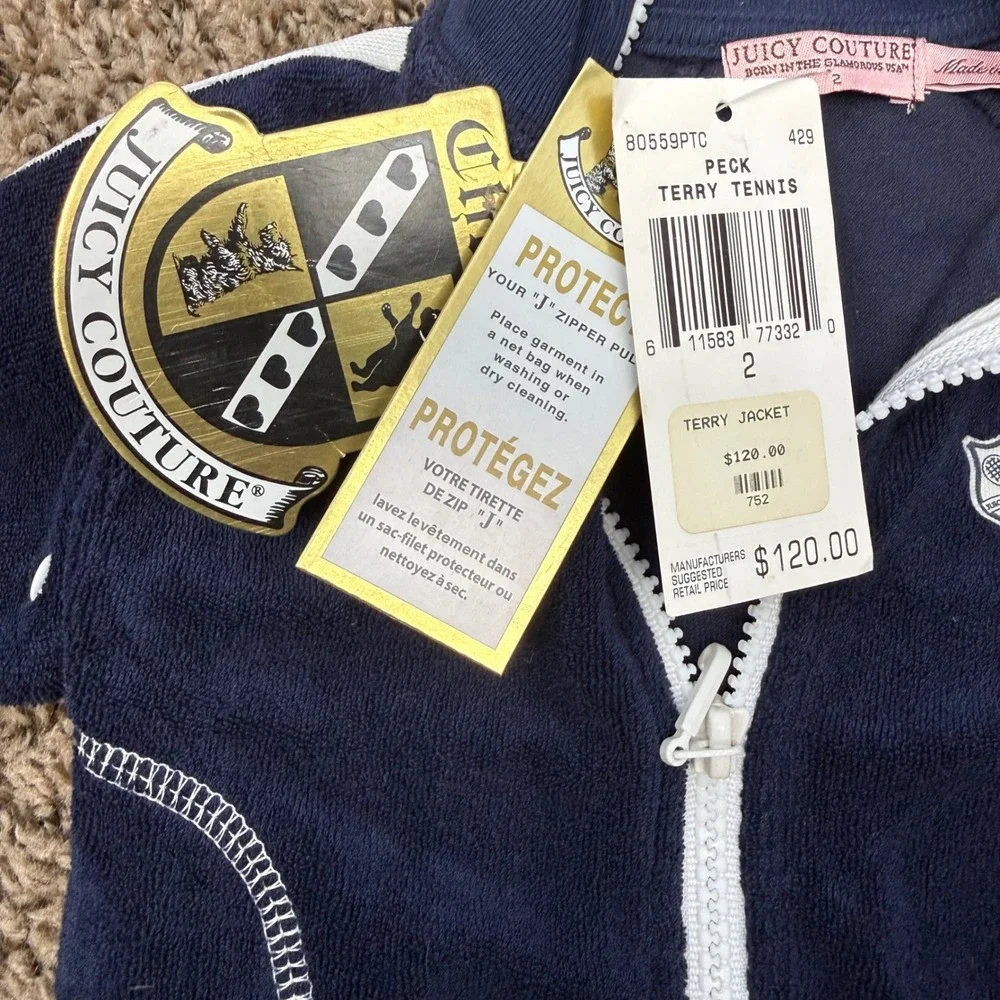 Y2K Juicy Couture Terry Tennis Jacket Kids Size 2 Navy‎ Blue NWT READ Graphic